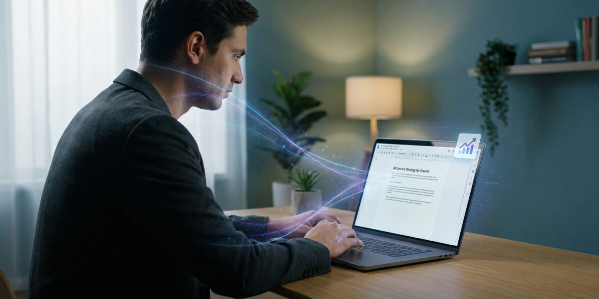 Professional man intently focused on laptop with glowing AI lines, optimizing 'AI Content Strategy for Growth' document.