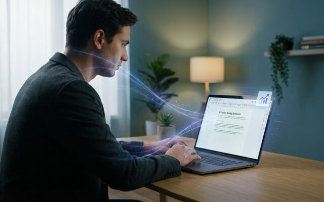 Professional man intently focused on laptop with glowing AI lines, optimizing 'AI Content Strategy for Growth' document.